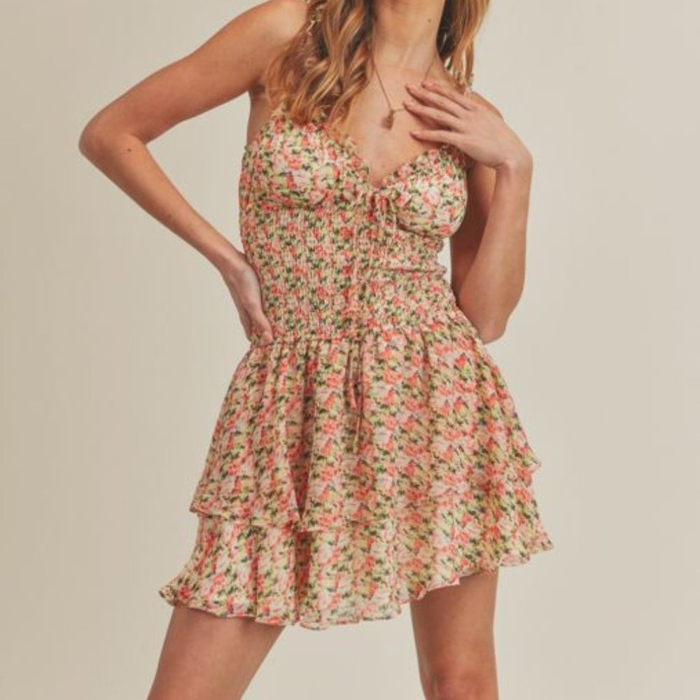 Boho Floral Printed Tie Front Ruffle Tiered Smocked Mini Dress